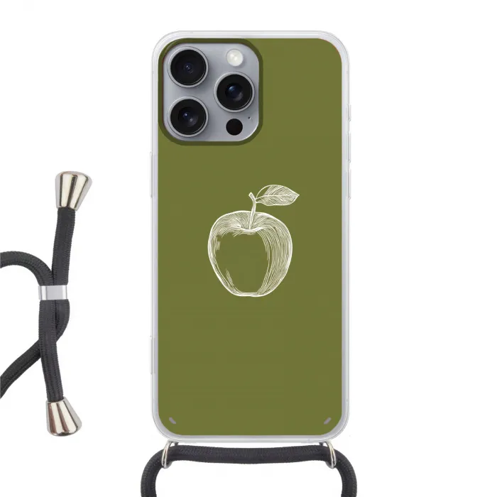 Lijntekening - Appel - Olijfgroen - Blaadje Hoesje iPhone 16 Pro Max met koord klein -3d