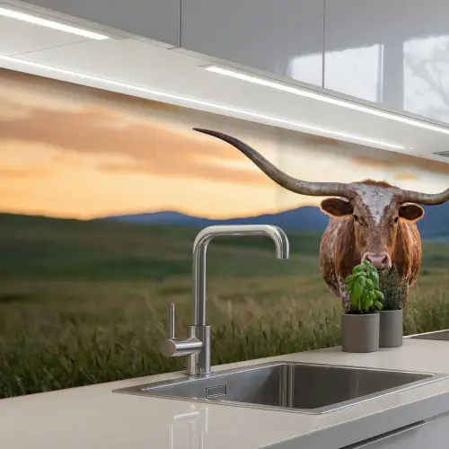Longhorn - Landschap - Zonsondergang keuken achterwand 2 middel -3d_schuin