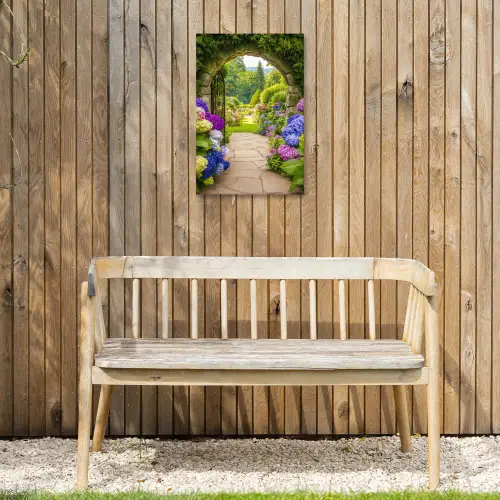 Doorkijk - Poort - Hortensia - Bloementuin Tuinposter op houten frame 2 cm dik klein -sfeer4