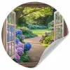 Doorkijk - Tuin - Raam - Hortensia - Bloemen Wandcirkel behangsticker klein -3d