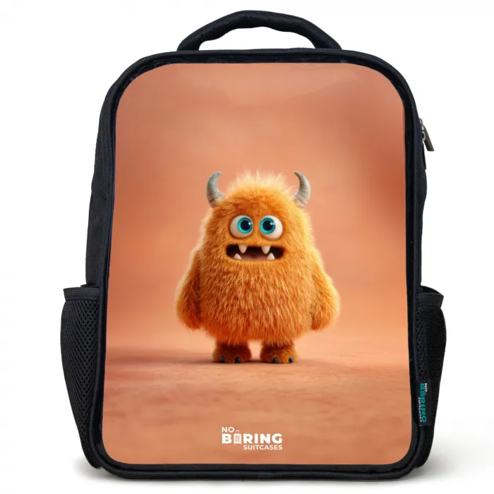 Oranje Pluizig Monster met Hoorns Rugzak - Zwart middel -3d