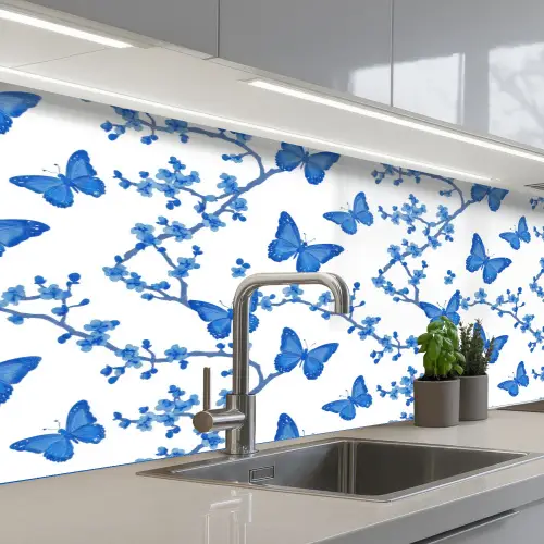 Vlinder - Bloemen - Blauw keuken achterwand 2 middel 871 -3d_schuin