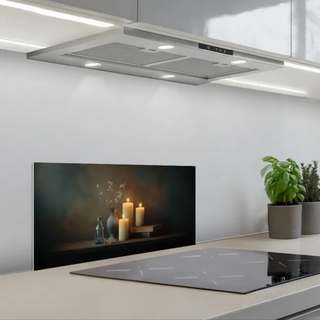 Kaarsen - Stilleven - Rustiek - Boeken keuken achterwand spatscherm klein -3d_schuin