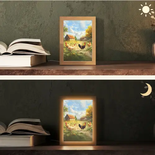 Kippen - Landelijke rust - Natuur Light Box met kabel (Tafellamp) klein -sfeer3