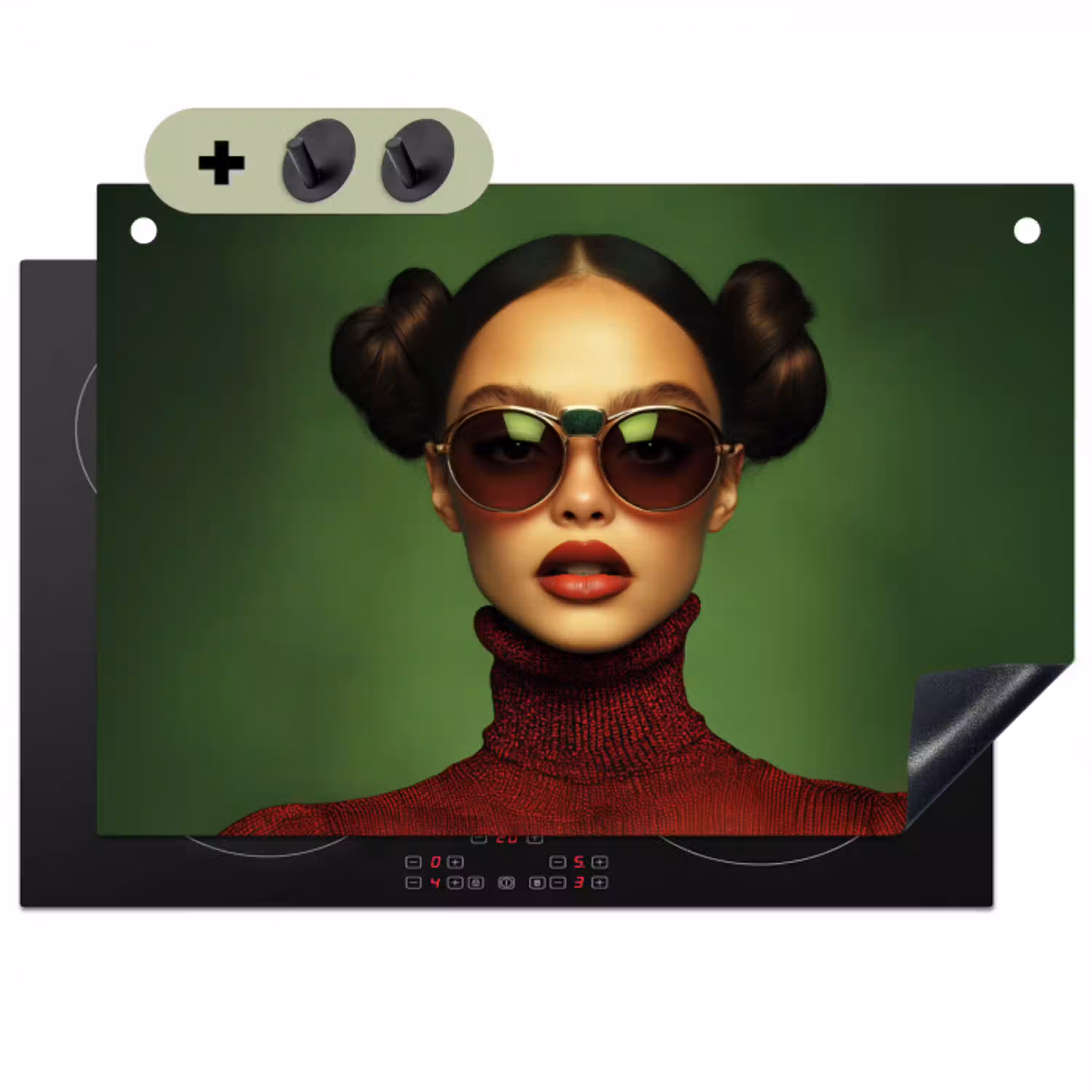 Vrouw - Groen - Bril - Aesthetic - Modern Inductie beschemer met haakjes klein -3d