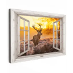 Hert - Herfst - Dieren - Natuur - Bos - Doorkijk Tuinposter op houten frame 2 cm dik klein -3d