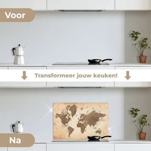 Wereldkaart - Beige - Bruin keuken achterwand spatscherm klein -voor_na_NL