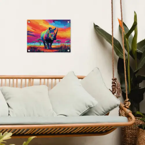 Neushoorn - Zonsondergang - Savanna - Kleurrijk tuinposter los doek klein -sfeer7