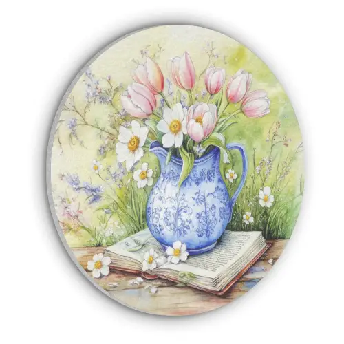 Vaas - Delftsblauw - Madeliefjes Akoestische PET Vilt - Rond klein -3d