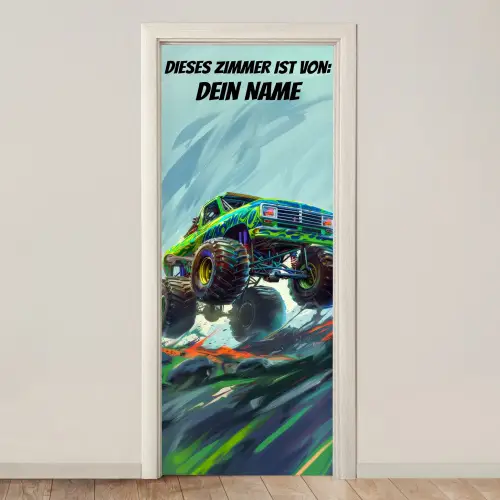 Monstertruck in Action mit Namensfeld. deurposter klein -3d_beige