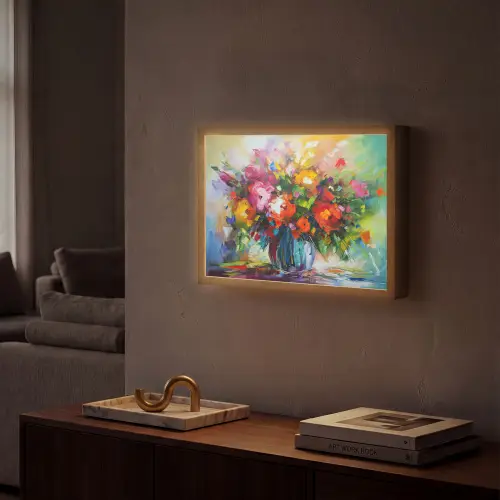 Bloemen - Kleurrijk - Bloempot - Olieverf Light Box met batterij (Wandlamp) middel -sfeer1