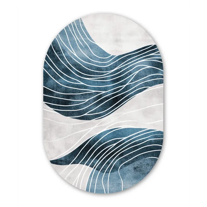 Lijnen - Golven - Abstract - Blauw Wandcirkel Ovaal Glas middel -3d
