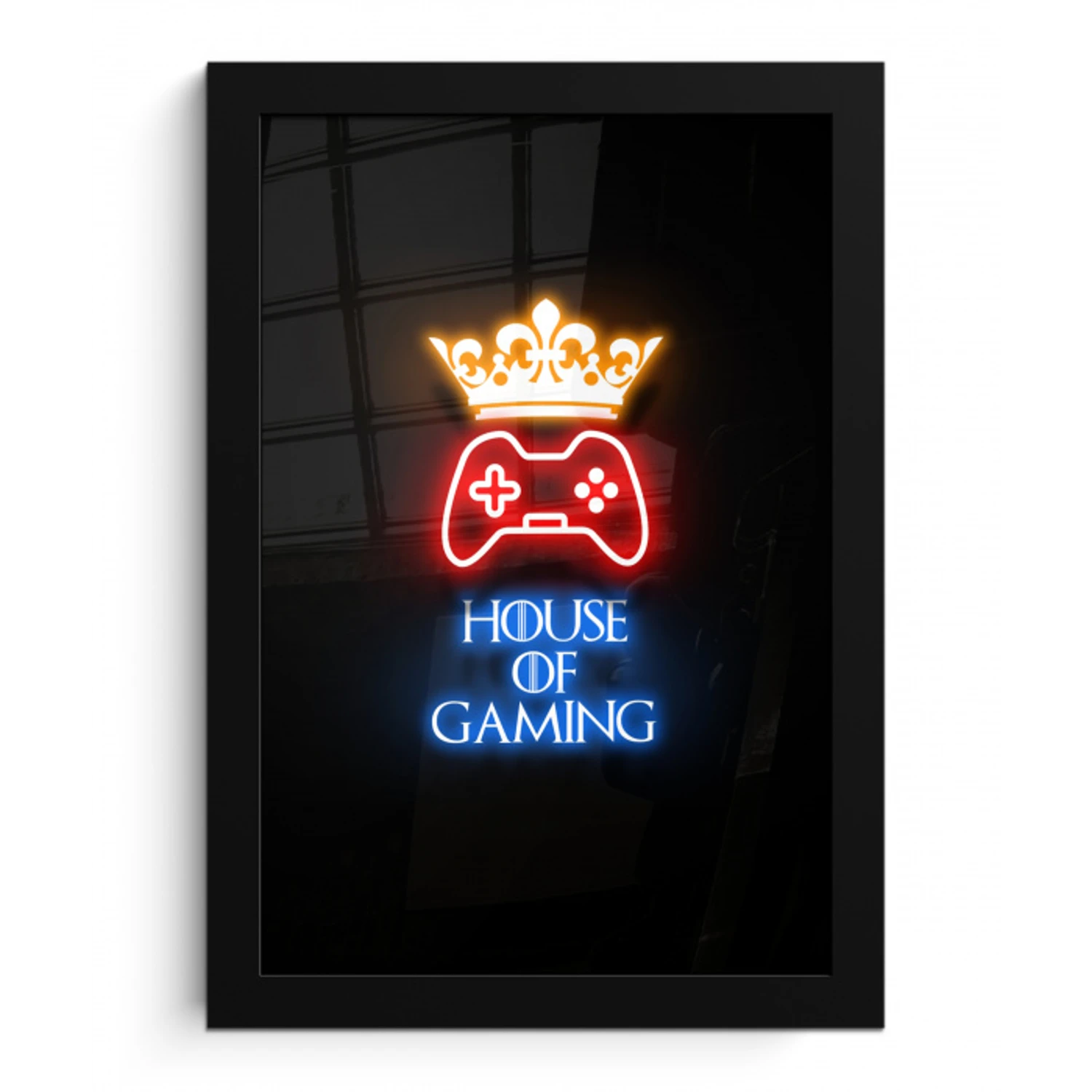 Gaming quotes - Neon - House of gaming - Kroon - Tekst fotolijst zwart zonder passe partout klein -3d