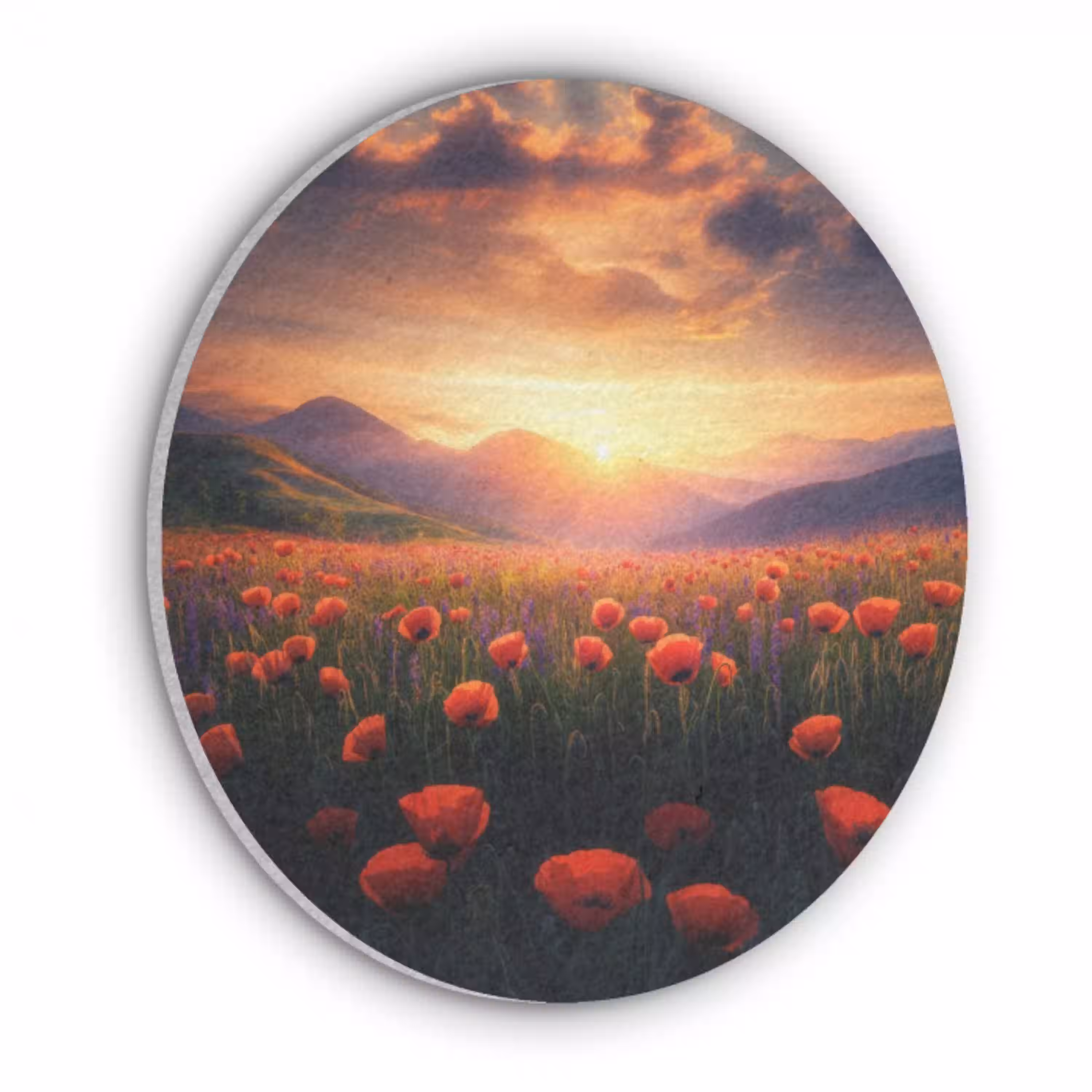 Landschap - Zonsondergang - Bloemenveld Akoestische PET Vilt - Rond klein -3d