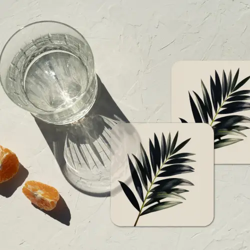 Palmblad - Subtiel - Groen - beige onderzetter kurk middel -sfeer4