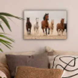 Kudde paarden - Stofwolk - Bruin - Zwart canvas 2cm klein -sfeer1