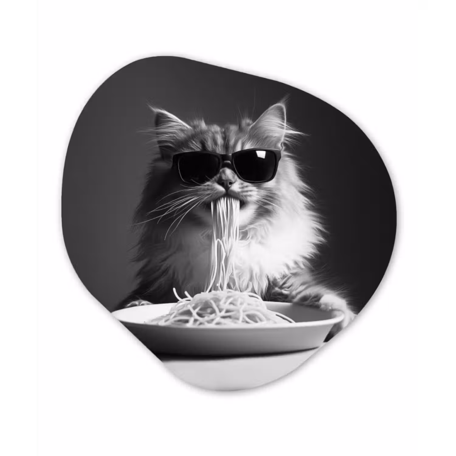 Organisch schilderij glas - Langharige kat - Zonnebril - Spaghetti - Humor - Zwart - wit
