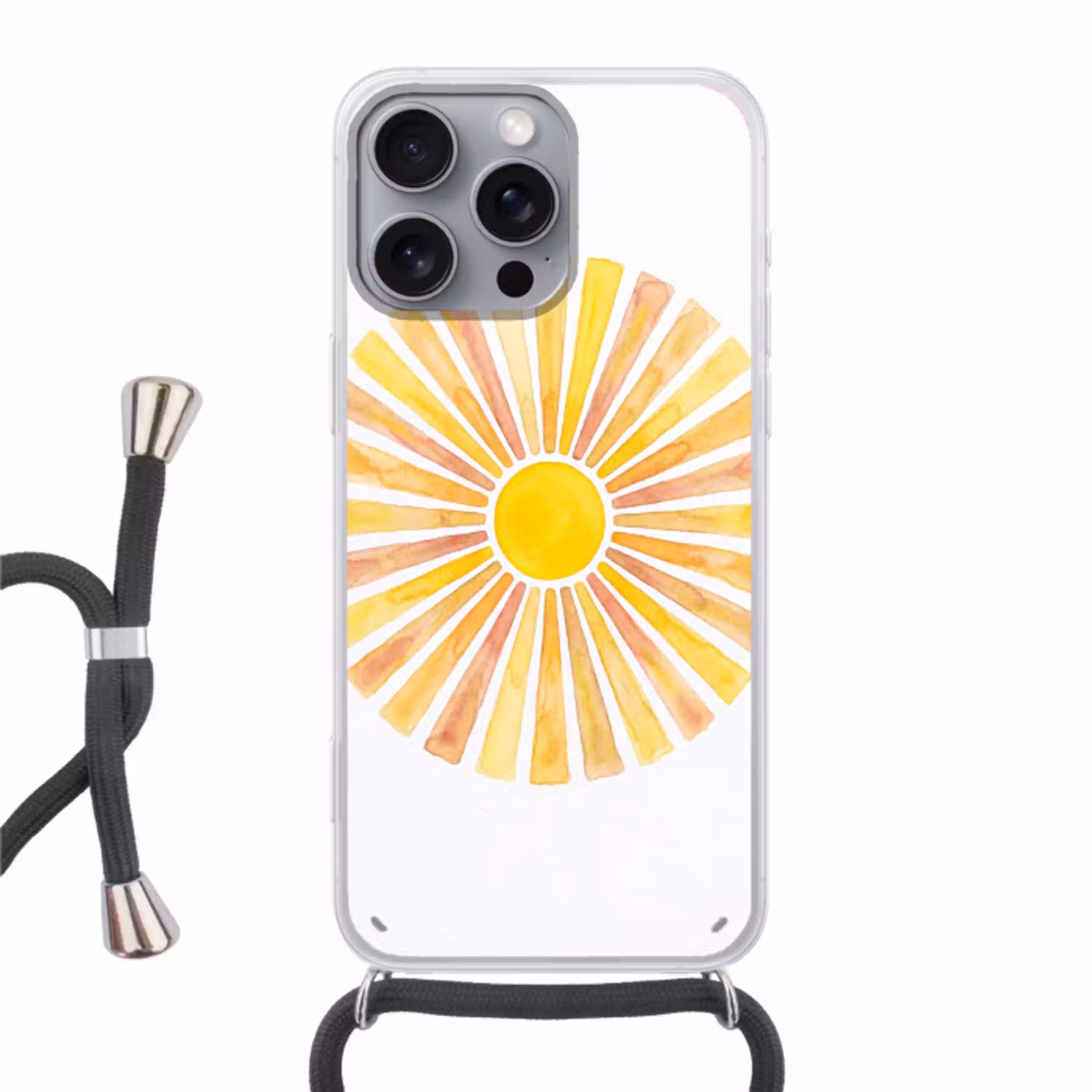 Zon - Stralen - Aquarel - Geel - Abstract Hoesje iPhone 16 Pro Max met koord klein -3d
