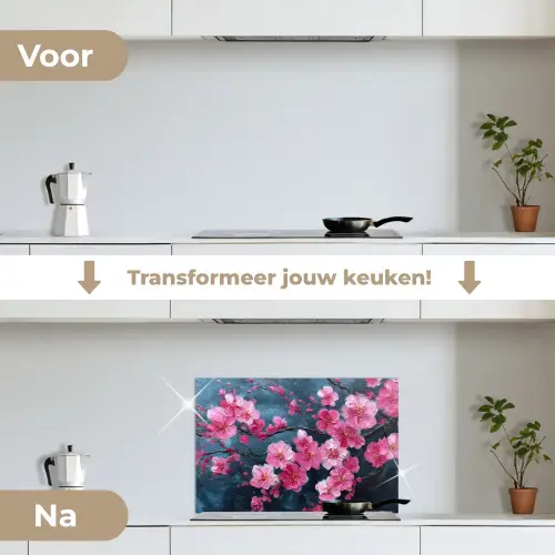 Bloem - Bloesems - Roze - Abstract keuken achterwand spatscherm klein -voor_na_NL
