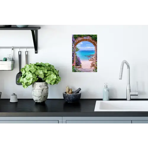Doorkijk - Poort - Zee - Strand - Rotsen Muursticker klein -keuken