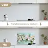 Bloesem - Bladeren - Lichtblauw keuken achterwand spatscherm klein -voor_na_NL