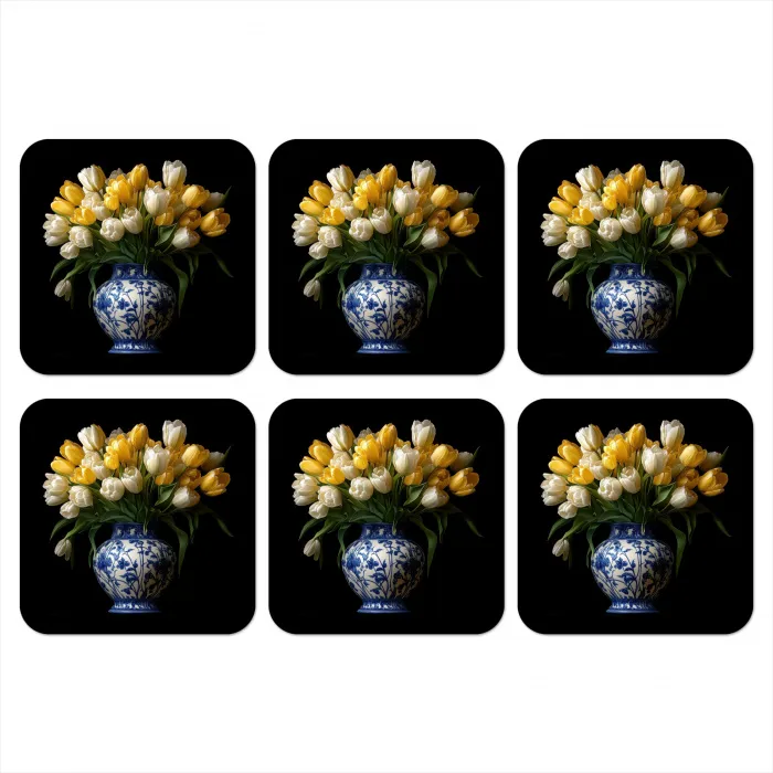 Geel - Tulpen - Vaas - Bloemen onderzetter kurk middel -3d