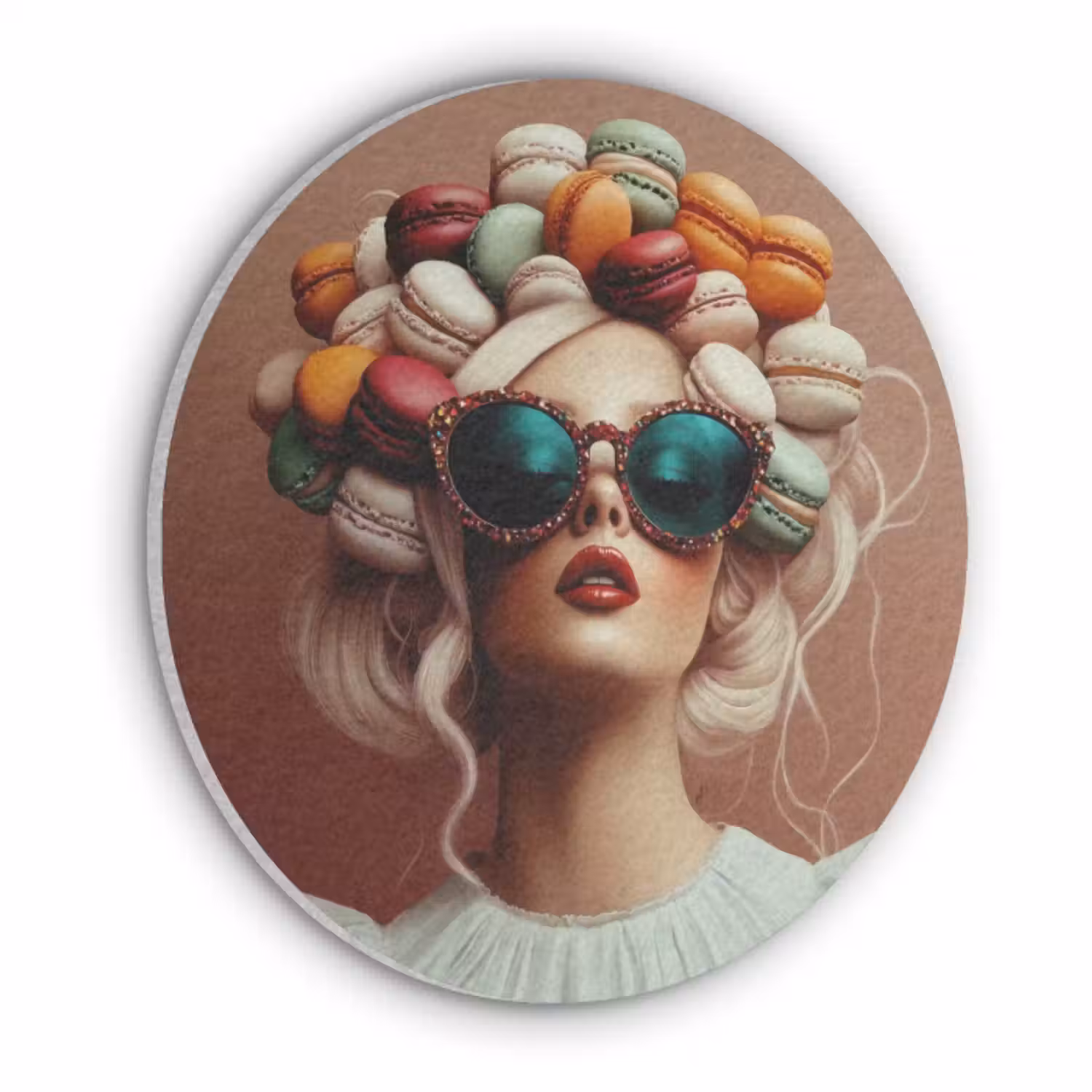 Akoestisch schilderij rond - Vrouw - Macarons - Bril