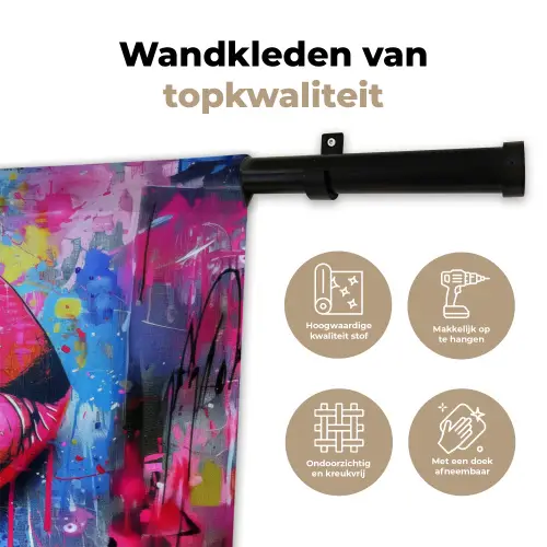 Graffiti - Lippen - Felroze - Geschilderd Wandkleed katoen klein -sfeer2