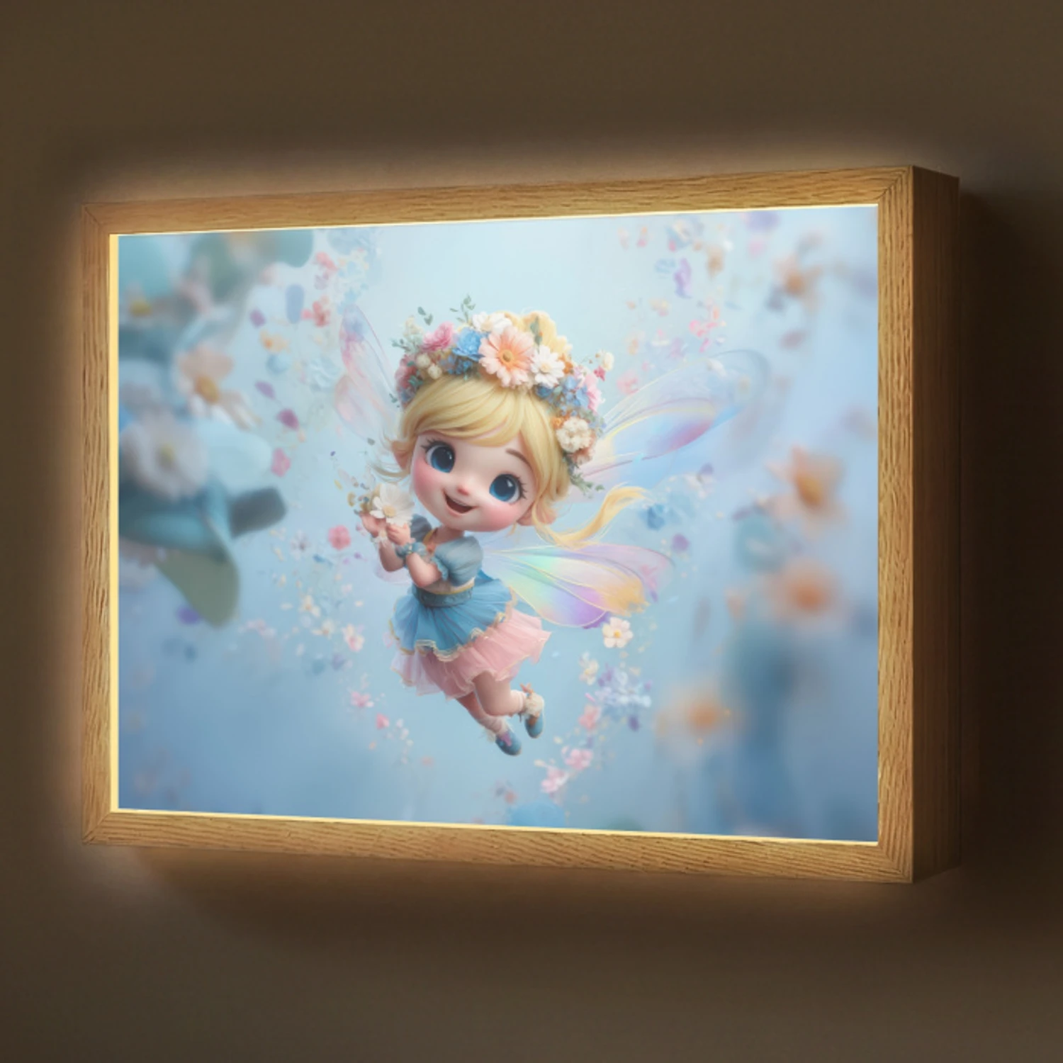 Fee - Bloemen - Sprookje - Blauw Light Box met batterij (Wandlamp) middel -z3d_website