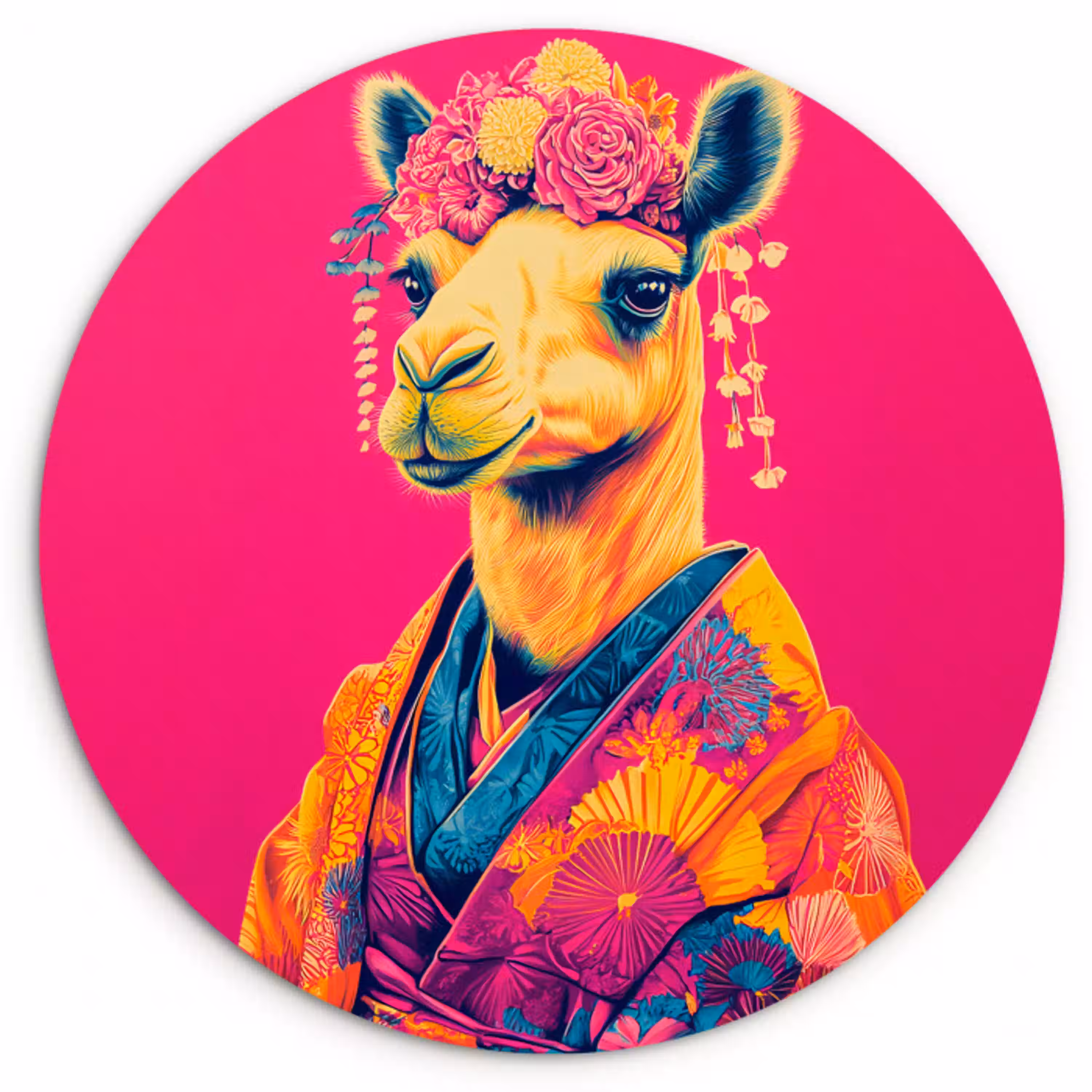 Kameel - Bloemen - Kimono - Waaiers Wandcirkel kunststof plaat 5mm dik klein -3d