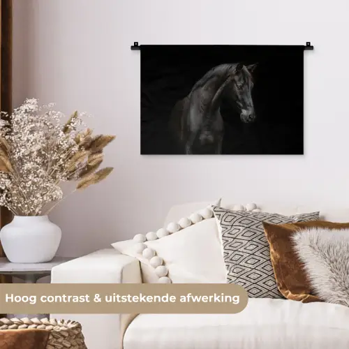 Paard - Dieren - Zwart - Portret Wandkleed katoen klein -sfeer1