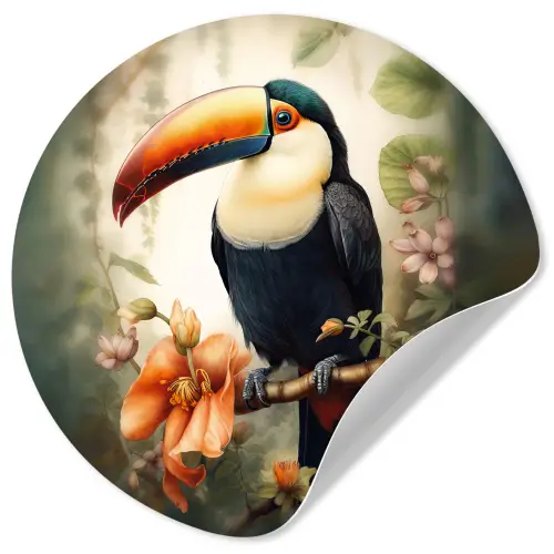 Toekan - Vogel - Bloemen - Planten Wandcirkel behangsticker klein -3d