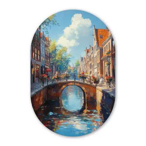 Stad - Gracht - Zon - Fietsen Wandcirkel Ovaal Glas middel -3d