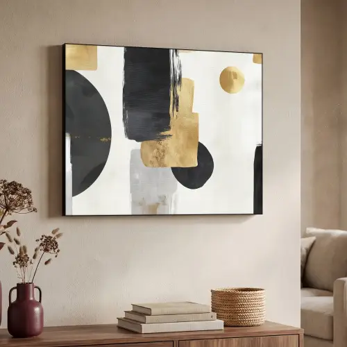 Goud - Rechthoeken - Cirkels - Abstract Textielframe zwart klein -sfeer3