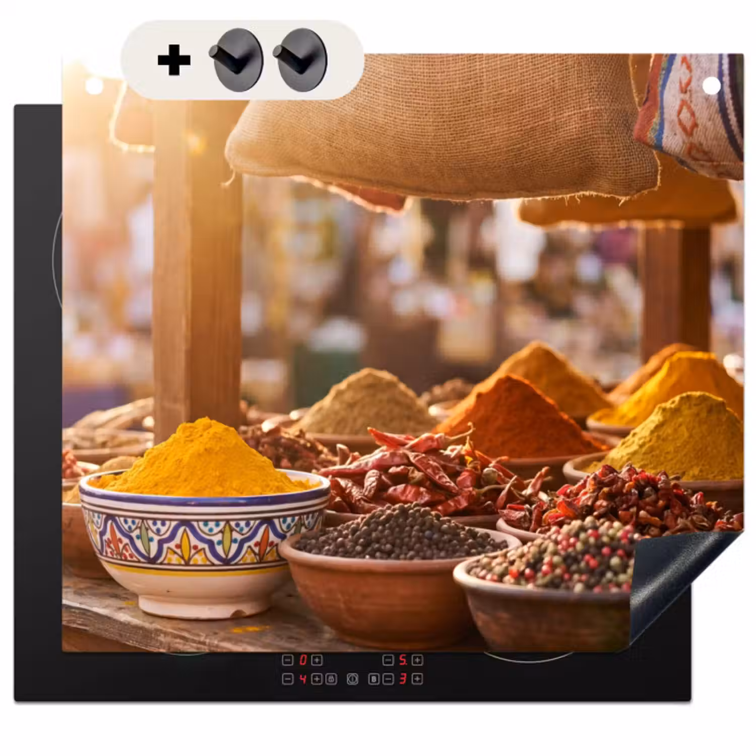 Inductie beschermer en spatscherm (2in1) - Specerijen - Markt - Kleurrijk