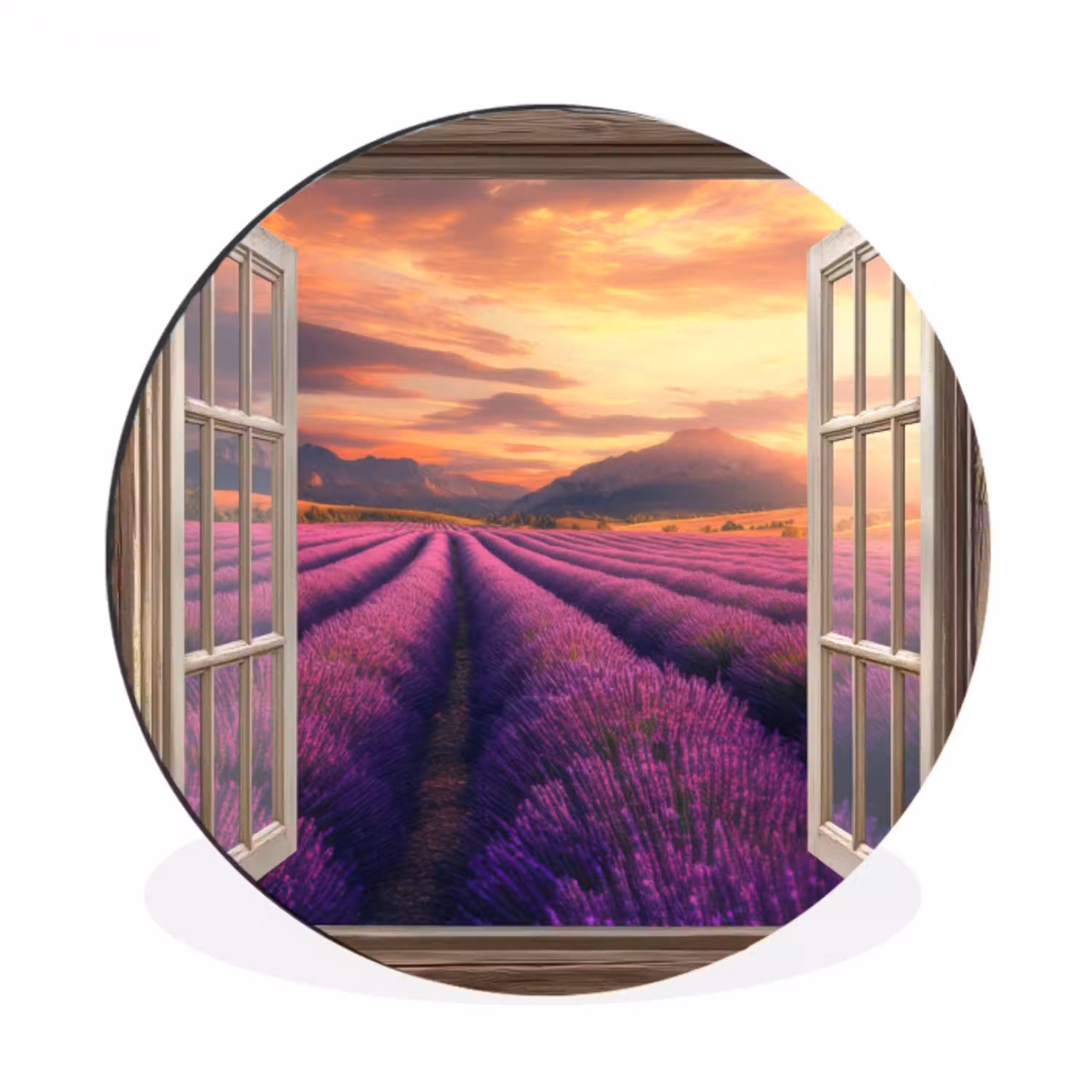 Doorkijk - Lavendel - Landschap - Bloemen - Paars Wandcirkel aluminium klein -3d