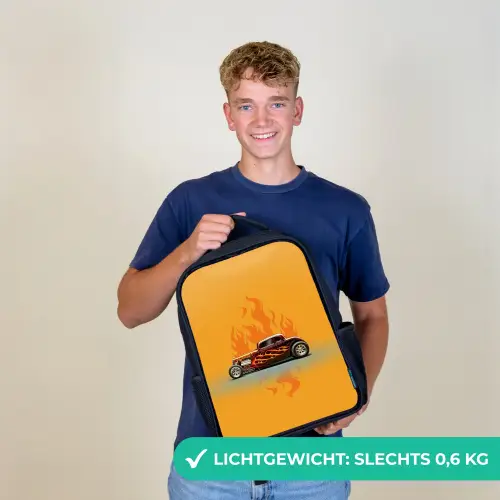 Bruine auto met gele vlammen Rugzak - Zwart middel -sfeer7_NL