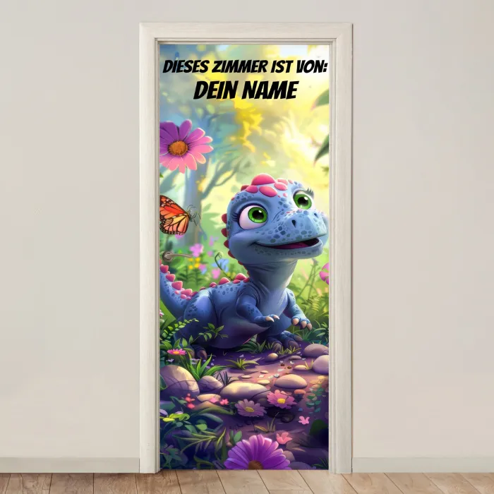 Süßer Dino im Blumenfeld mit Namensfeld. deurposter klein -3d_beige