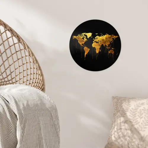 Wereldkaart - Goud - Druipen - Zwart Wandcirkel behangsticker klein -sfeer4