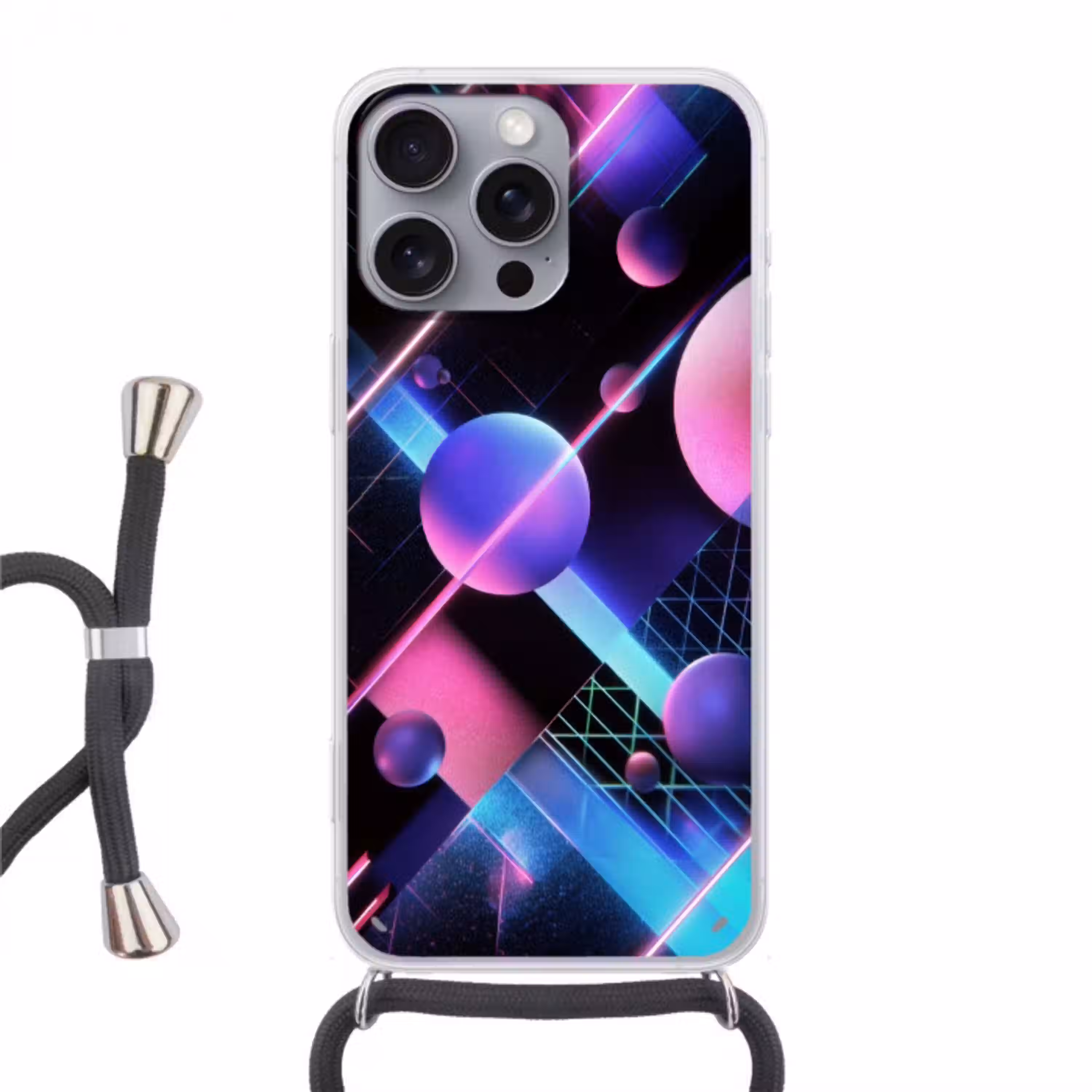 Bollen - Neon - Lijnen - Roze Hoesje iPhone 16 Pro Max met koord klein -3d