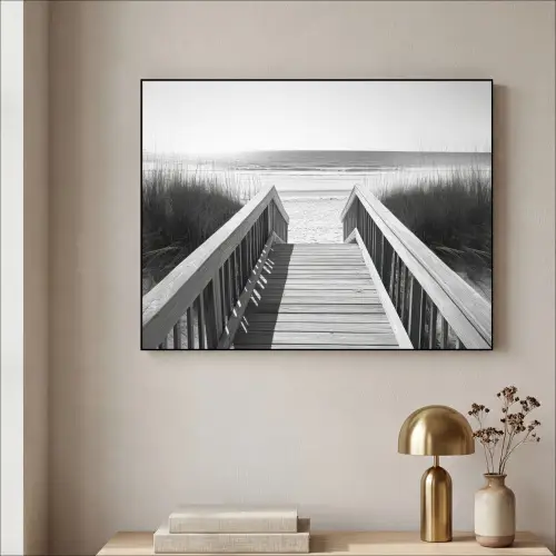 Loopbrug - Hout - Strand - Zee Textielframe zwart klein -sfeer2