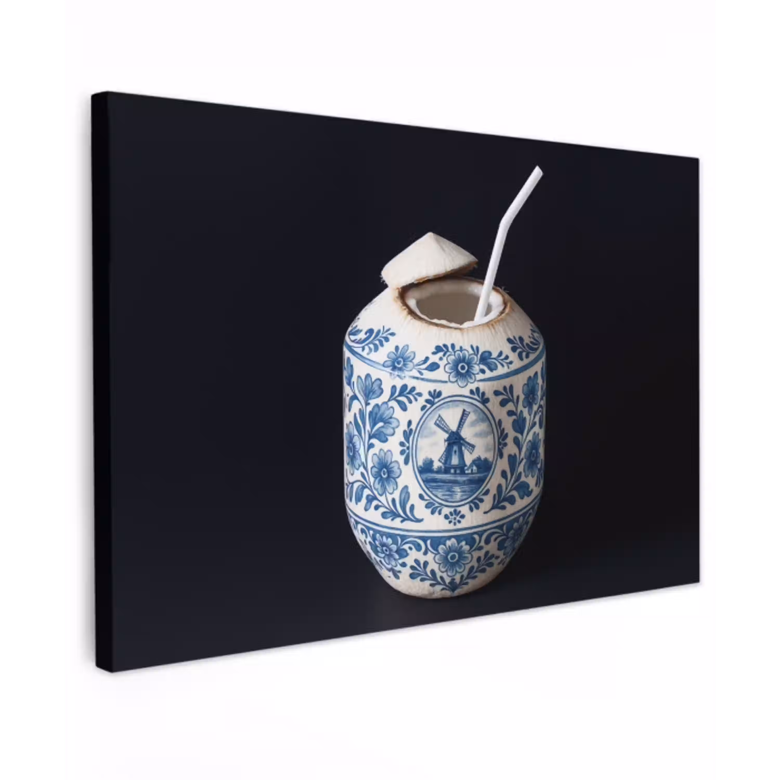 Kokosnoot - Eten - Delfts blauw - Drinken Tuinposter op houten frame 2 cm dik klein -3d