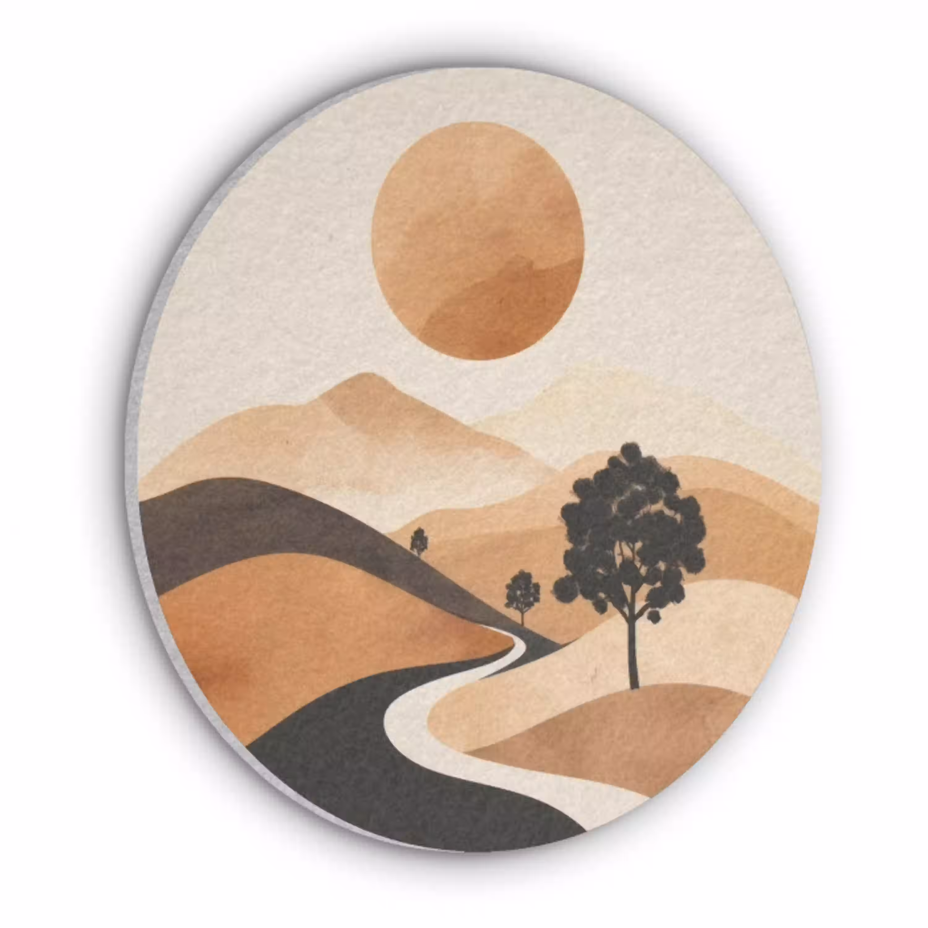 Zon - Heuvels - Boom - Abstract Akoestische PET Vilt - Rond klein -3d