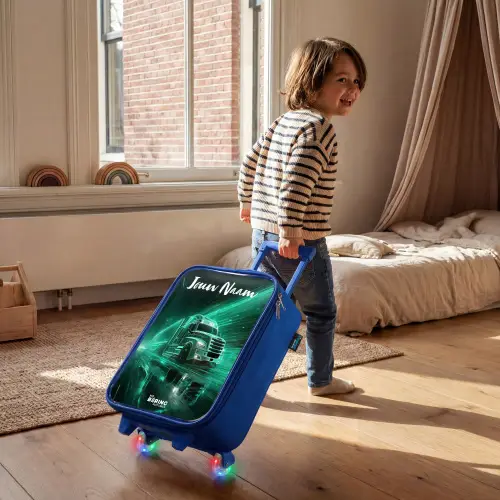Vrachtwagen - Stad - Groen - Neon Kinderkoffer - Blauw klein -sfeer1