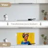 Frida Kahlo - Vrouw - Geel - Blauw - Bloemen keuken achterwand spatscherm klein -voor_na_NL