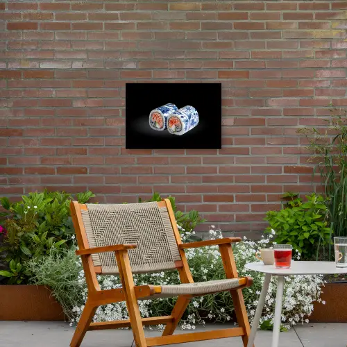 Sushi - Delfts blauw - Rijst - Vis - Elegant Tuinposter op houten frame 2 cm dik klein -sfeer3