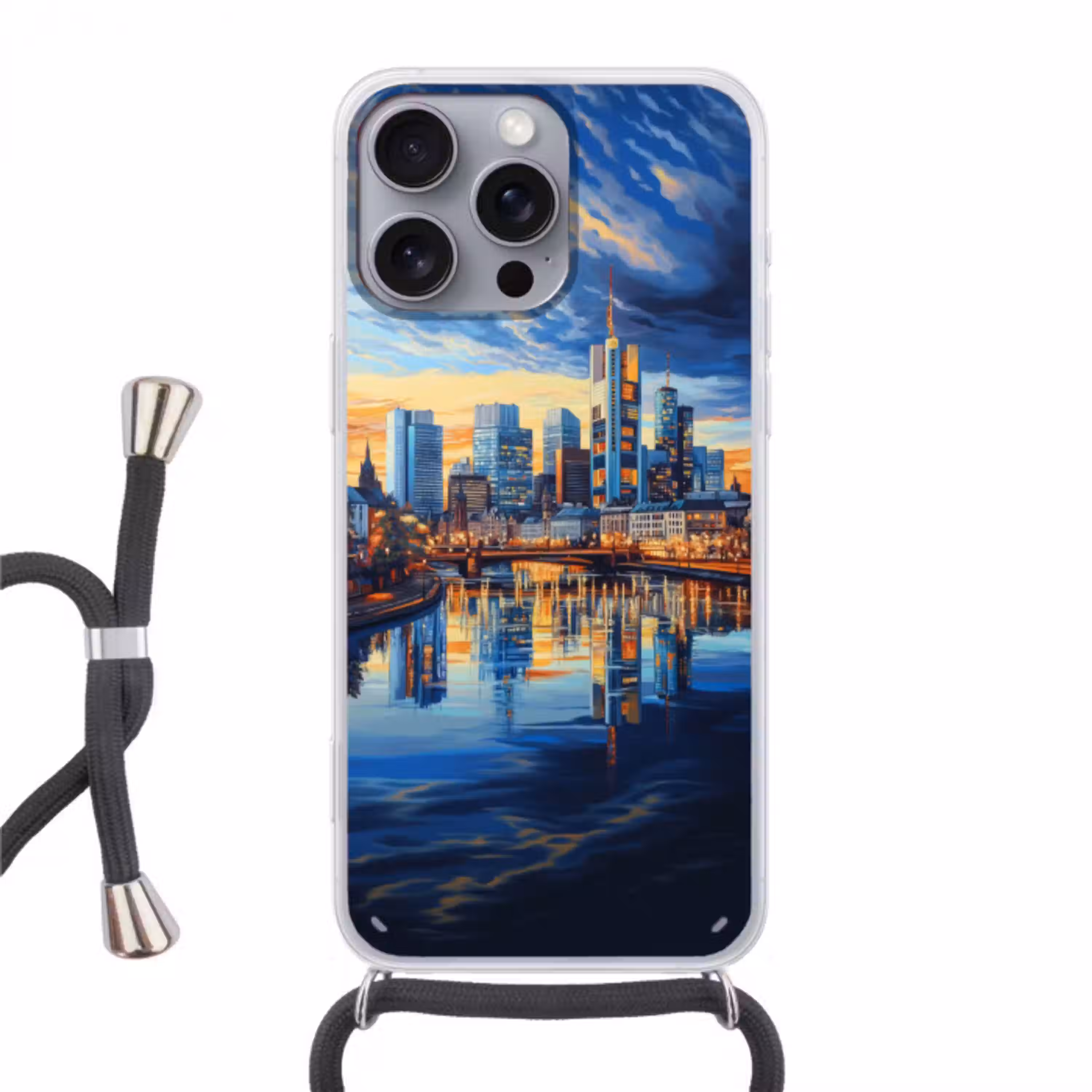 Zonsondergang Frankfurt - Stad - Skyline - Water Hoesje iPhone 16 Pro Max met koord klein -3d