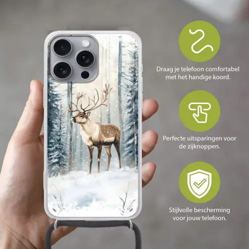 Rendier - Sneeuw - Woud - Wit Hoesje iPhone 16 Pro Max met koord klein -sfeer2_NL