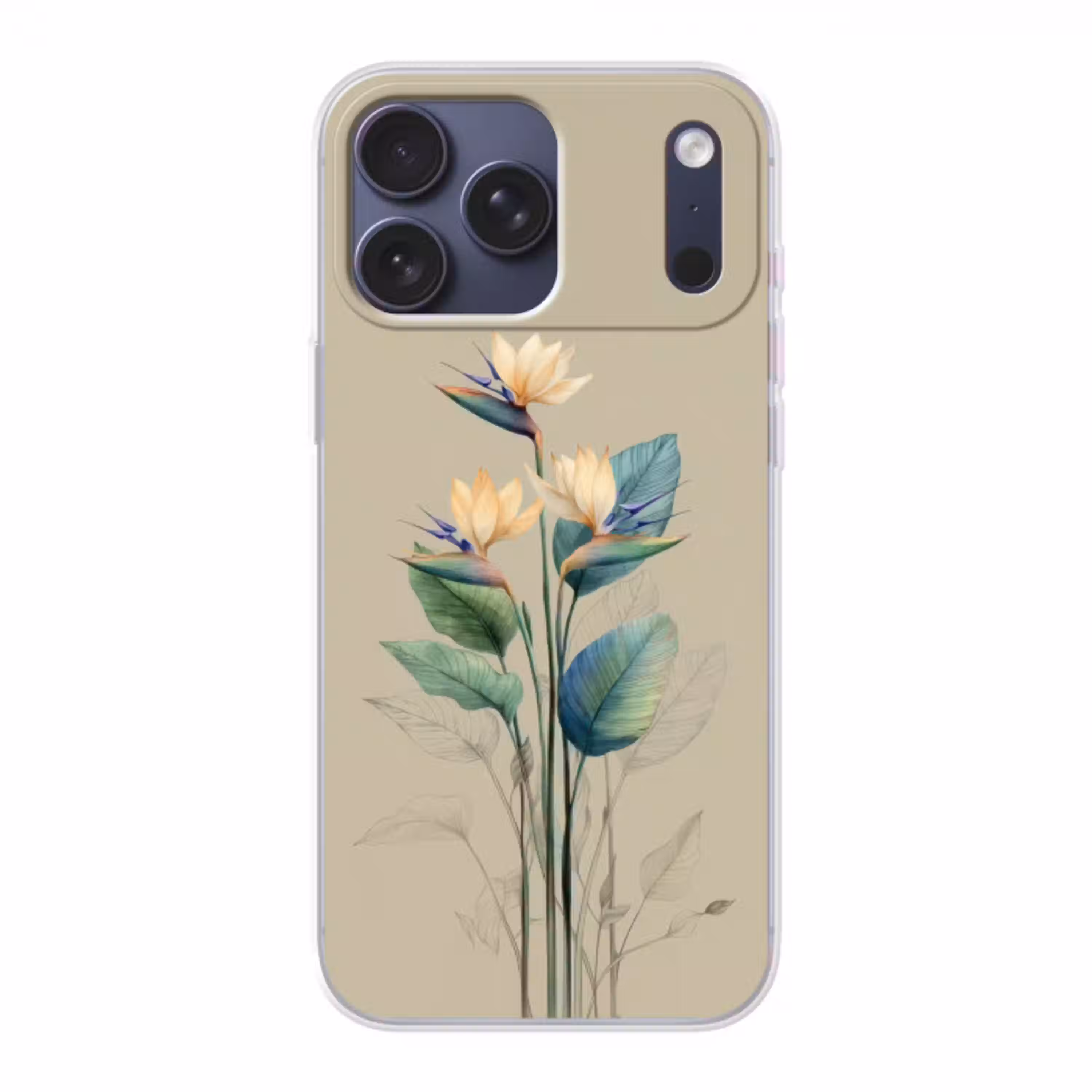 Paradijsvogelbloemen - Blauwgroene bladeren - Beige Telefoonhoesje iPhone 17 Pro Max klein -3d