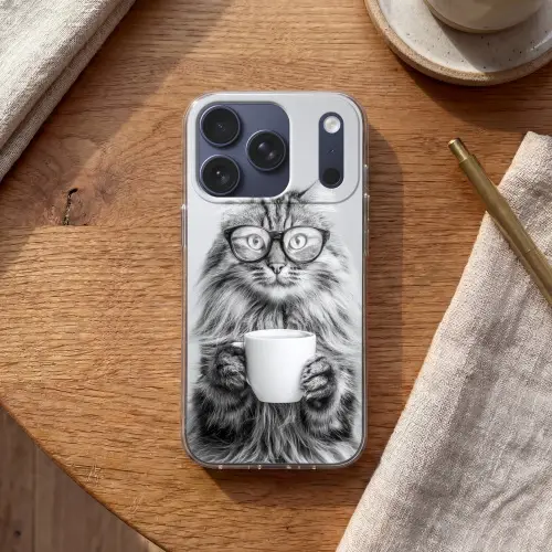 Kat - Bril - Mok - Pluizig Telefoonhoesje iPhone 17 Pro klein -sfeer1